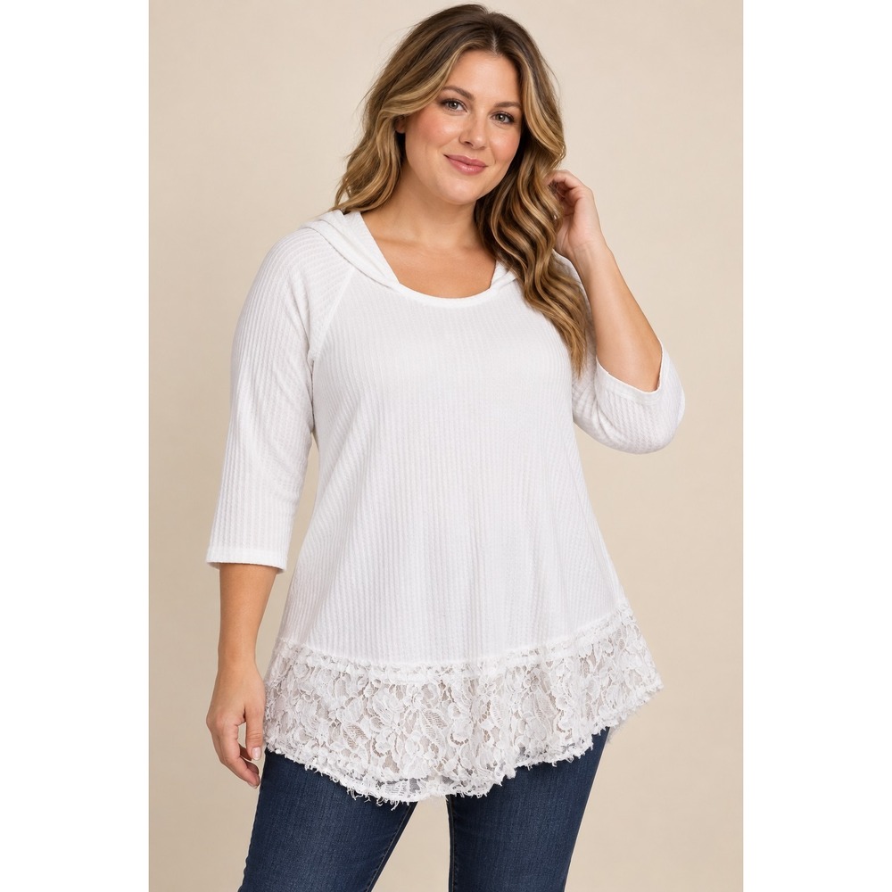 Live & Let Live Women's Large White Waffle Knit Hooded Tunic Lace Hem 3/4 Sleeve